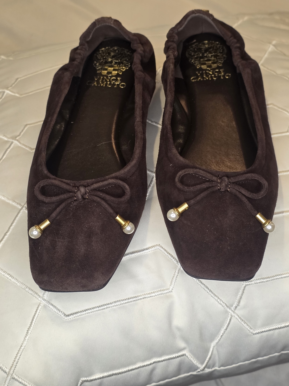 Vince Camuto Chocolate Brown Suede Pearl-Tip Ballet Flats (NWOT)